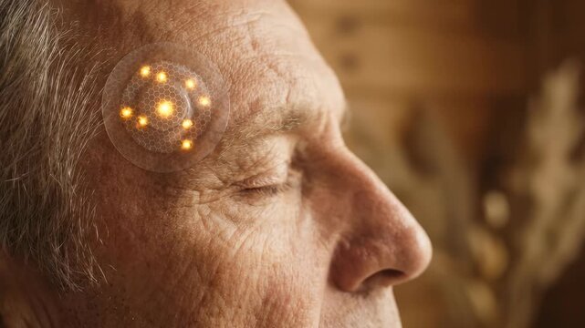 Close up profile of a peaceful elderly man wearing a pulsing, glowing futuristic neural interface implant on his temple, illustrating advanced medical technology and biohacking.