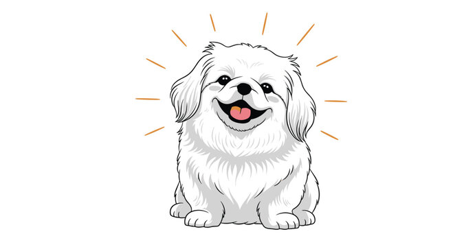 Close up illustration of a happy white fluffy dog with a big smile and its tongue out against a white background with light rays.