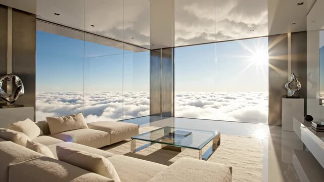 Luxury modern living room with panoramic cloud view and sunlight