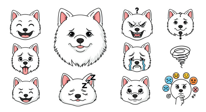 Collection of cute white fluffy dog faces showing various emotions like happy, sad, angry, surprised, and sleeping.