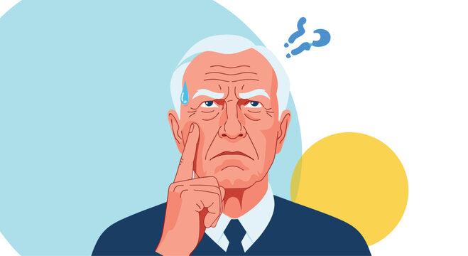 Worried senior man with white hair looking up and thinking with a question mark above his head on an abstract background.