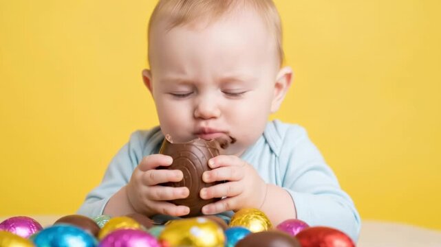 Portrait of a cute smiling baby biting a chocolate Easter egg, surrounded by colorful foil eggs on a yellow background