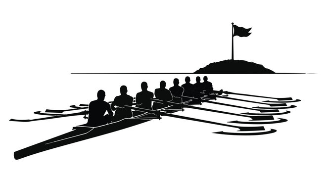 Team of rowers in silhouette rowing boat on water with flag on distant hill, teamwork and sports concept