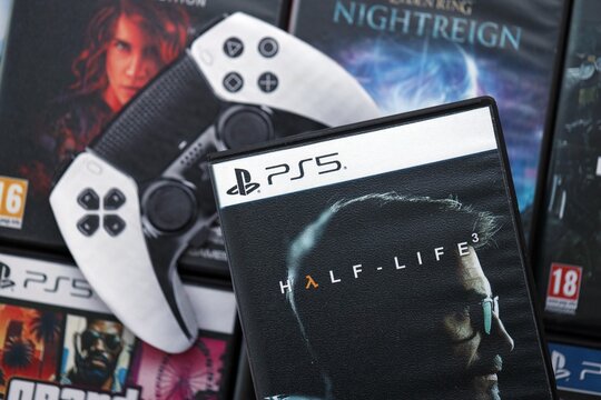 KYIV, UKRAINE - FEBRUARY 9, 2026 Half-Life 3 video game disc box photo with focus on title cover front part