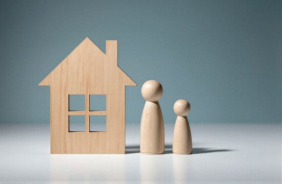 Wooden house and two figures symbolize family home or homeownership
