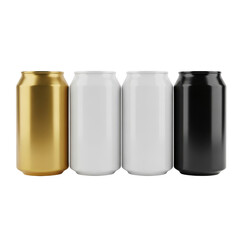 Four metallic beverage cans displayed in a row