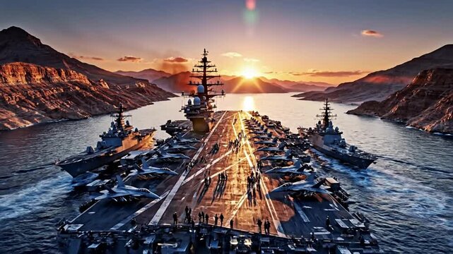 Aerial View of Aircraft Carrier Strike Group Navigating Through Desert Ocean Strait