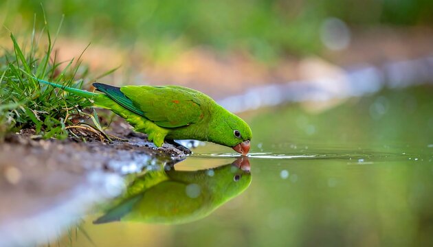 A vibrant green parrot leans to drink water, reflected on the calm pool with blurred grassy surroundings