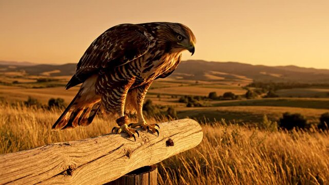 Majestic hawk perched on wooden beam in golden sunset landscape