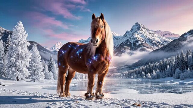Majestic Horse in Snowy Mountain Landscape with Starry Sparkles
