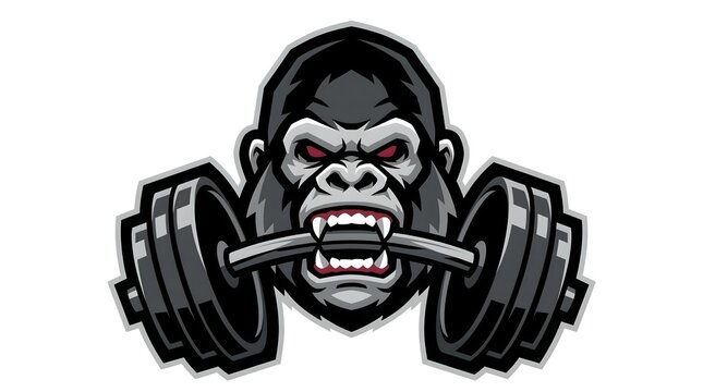 Angry gorilla mascot biting a barbell, gym and fitness logo illustration, strong silverback ape emblem for bodybuilding
