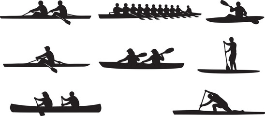 People rowing in different boats sport silhouette vector