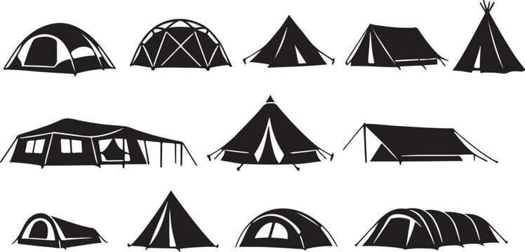 Silhouette vector of various tent styles tents camping dome tent pyramid tent