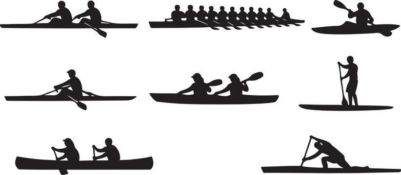 People rowing in different boats sport silhouette vector