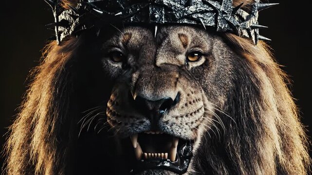 Majestic lion wearing a crown of thorns with intense gaze