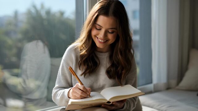 Happy young woman sitting by a window at home, writing in her gratitude journal or diary, smiling and feeling inspired during a peaceful morning with soft natural light.