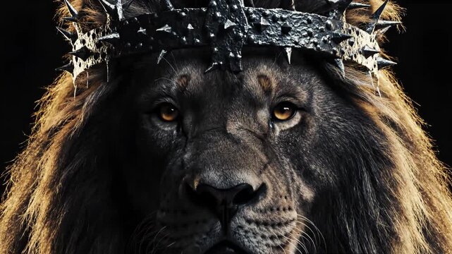 Majestic lion wearing a spiked crown in dark setting