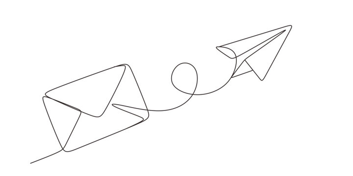 Continuous one line drawing of envelope mail with airplane paper. Single line draw design graphic vector illustration