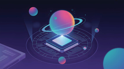 Isometric digital planet on a circuit board with orbiting spheres, a technology processor © srdesignhouse