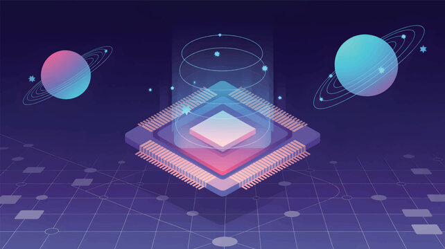 Isometric microchip with planets and network grid in neon colors, processor circuit board technology