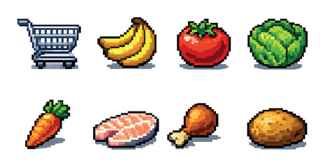 Fototapeta premium Pixel grocery icons displaying food items on gray backdrop