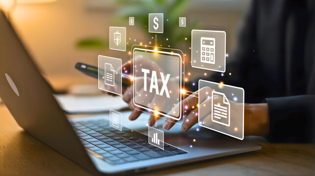 Futuristic digital tax management interface on a laptop screen, highlighting online financial planning, efficient accounting solutions, and secure data processing for modern businesses and individuals