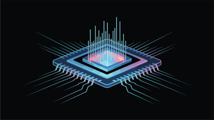 Fototapeta premium Isometric glowing computer processor chip with radiating lines, computer chip, microchip technology