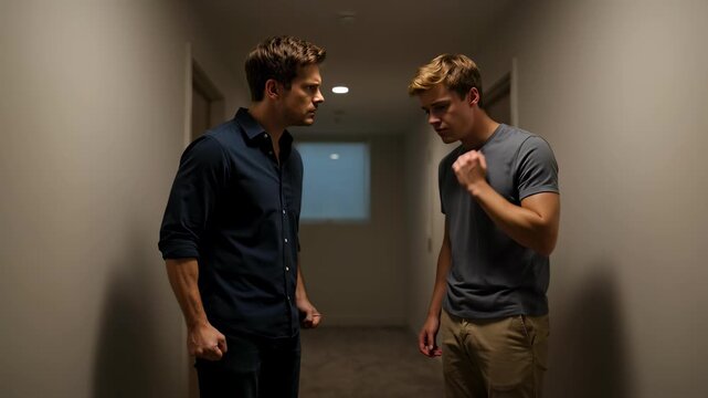 Two young men engaged in a heated emotional confrontation in a narrow hallway, featuring an angry male clenching his fists while his distressed companion looks away with regret.