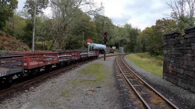 Vintage train carriages on a scenic railway track surrounded by lush greenery
