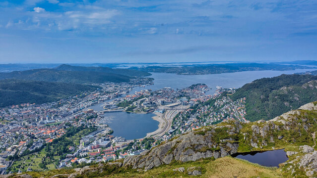 Bergen Norway Aerial View from Mount Ulriken Summit with City and Fjord