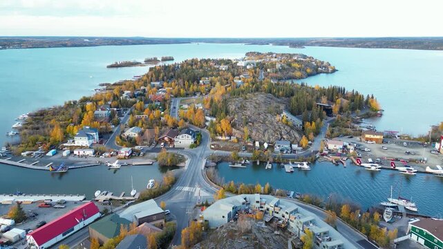 Aerial view of Yellowknife Bay and Old Town in Autumn. Yellowknife, Great Slave Lake, Northwest Territories, Canada.