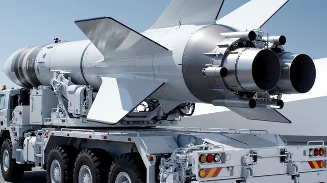 Military missile launcher vehicle with rocket in transit