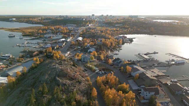 Aerial view of Yellowknife Bay and Old Town in Autumn. Yellowknife, Great Slave Lake, Northwest Territories, Canada.