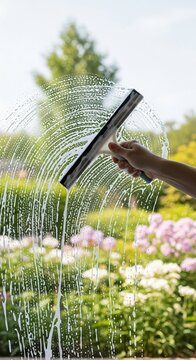Hand Using Squeegee to Clean Soapy Window Glass with Blurred Summer Garden View