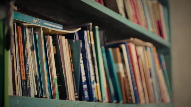 Close-up of a bookshelf filled with colorful books, showing spines and pages
