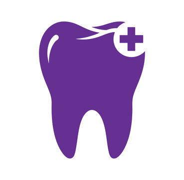 Purple tooth icon with medical cross and flame  dental health symbol
