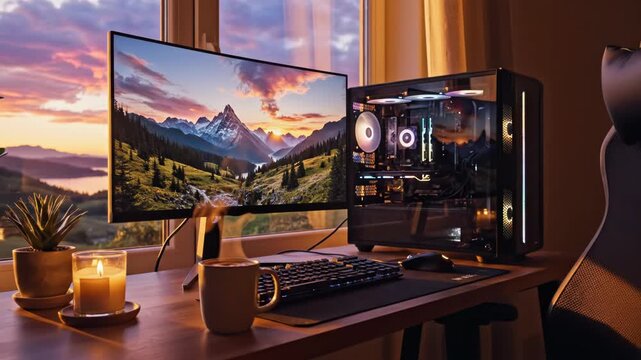 Modern gaming and streaming setup with dual monitors and ergonomic chair