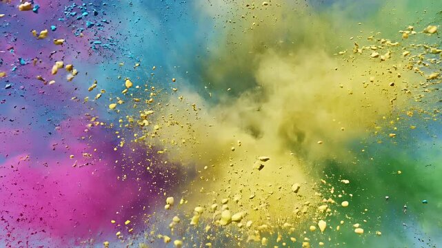 Vibrant Multi Colored Powder Explosion Isolated on Blue Sky Background Slow Motion Cloud of Holi Gulal Pigment Particles Abstract Artistic Visual for Video Overlay