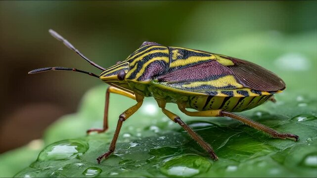 A close-up of a striped shield bug on a leaf with water droplets