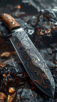 Damascus steel knife on rocky surface.