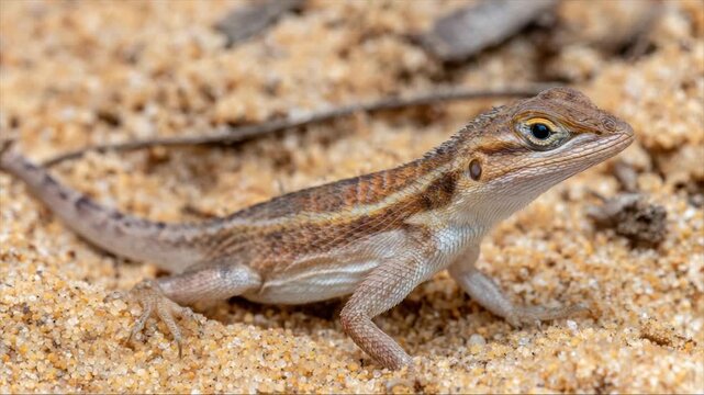 A small lizard with patterned scales rests in sand, blending well. It has a long tail, eyes half closed