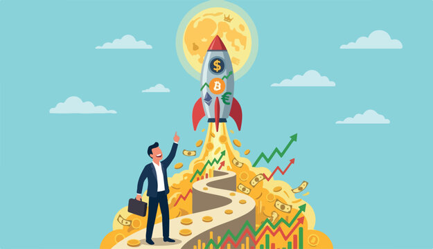 Trading stock crypto price rising we high moon, crypto currency soaring sky rocket, make profit success investment how, rocket stock crypto currency graph flying high moon