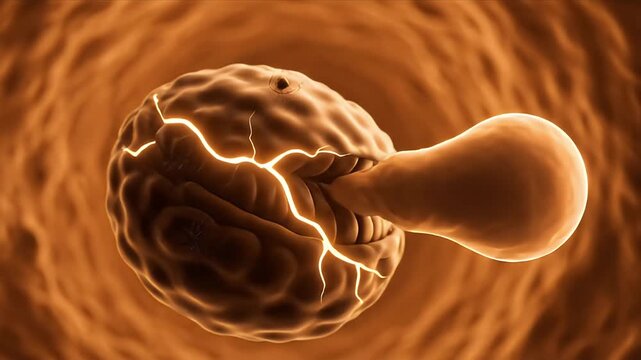 Detailed 3D CGI Animation of Cellular Fission Process with Microscopic View of Splitting Cells and Bubbles in Warm Tones for Medical Education and Scientific Presentations