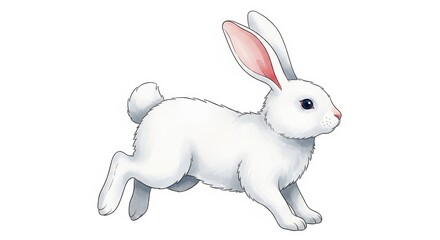 A digital illustration of a cute white rabbit running quickly across a clean white background area