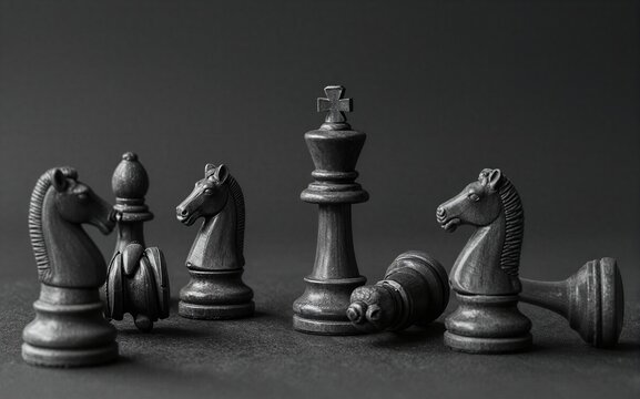 Chess pieces stand victorious fallen ones lie scattered on dark