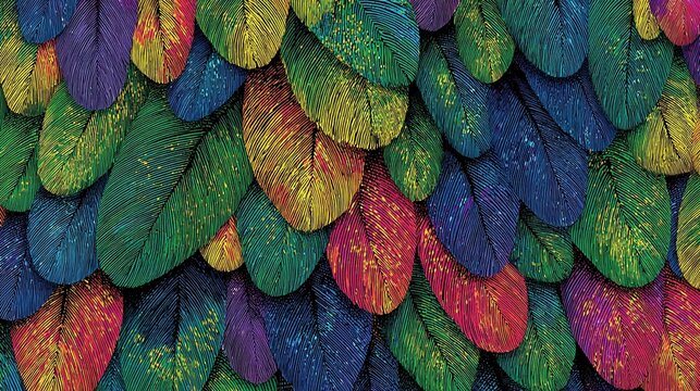 Vibrant tropical parrot feather pattern in shades of green, blue, purple, and red