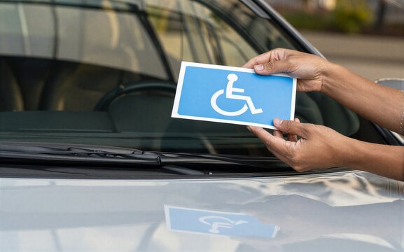 Hand holds disability sign above car with similar sticker visible on