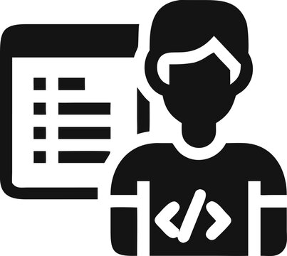 User wearing a shirt with code symbols and a tablet displaying programming code elements