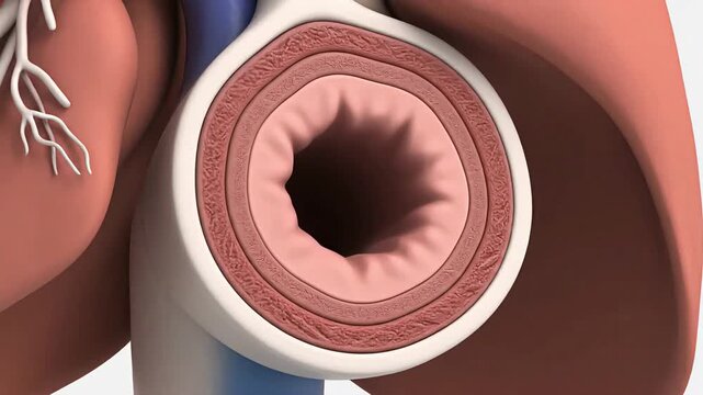3D Medical Animation of Blood Vessel Cross Section Showing Vasoconstriction and Dilation of Coronary Artery Lumen with Realistic Muscle Wall Layers Anatomy
