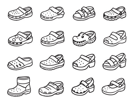Set of summer flip-flops, clogs. Beach summer shoes. Trendy shoes. Unisex slates. Vector illustration isolated on a white background. 